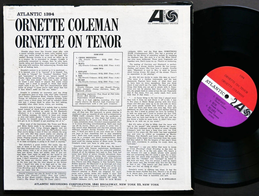 ORNETTE COLEMAN Ornette On Tenor LP ATLANTIC 1394 MONO Don Cherry Jimmy Garrison