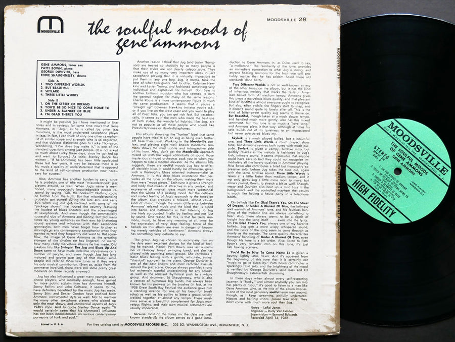 GENE AMMONS The Soulful Moods Of LP MOODSVILLE MVST 28 US 1963 RVG Patti Bown