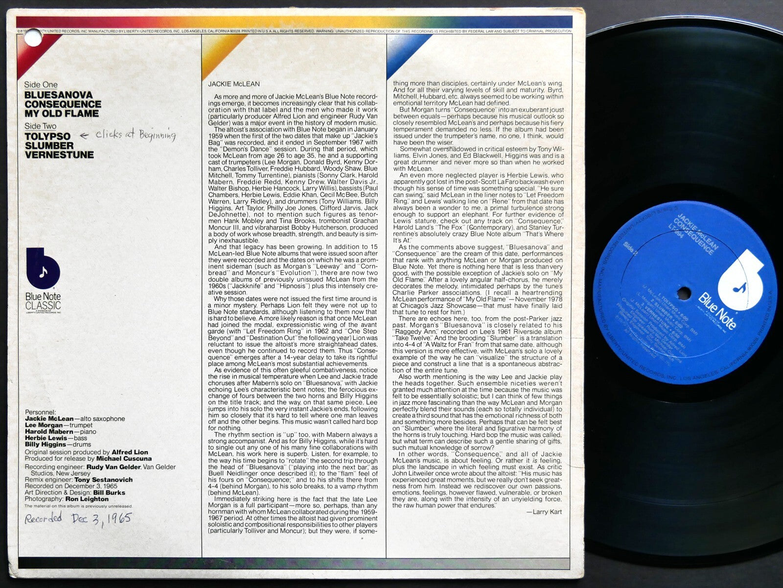 JACKIE MCLEAN Consequence LP BLUE NOTE LT-994 US 1979 Lee Morgan Harold Mabern