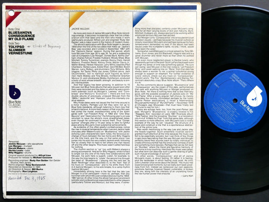 JACKIE MCLEAN Consequence LP BLUE NOTE LT-994 US 1979 Lee Morgan Harold Mabern