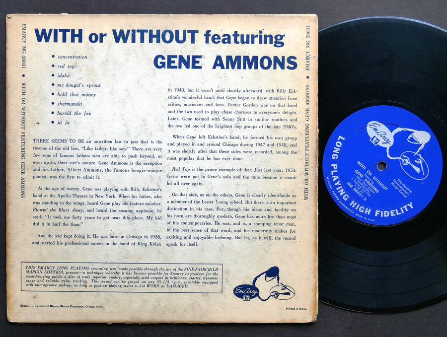GENE AMMONS With Or Without 10" LP EMARCY MG 26031 US 1954 JAZZ DG MONO