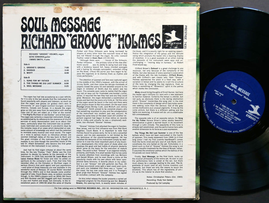 RICHARD GROOVE HOLMES Soul Message LP PRESTIGE PRST 7435 US 1965 RVG Jazz Funk