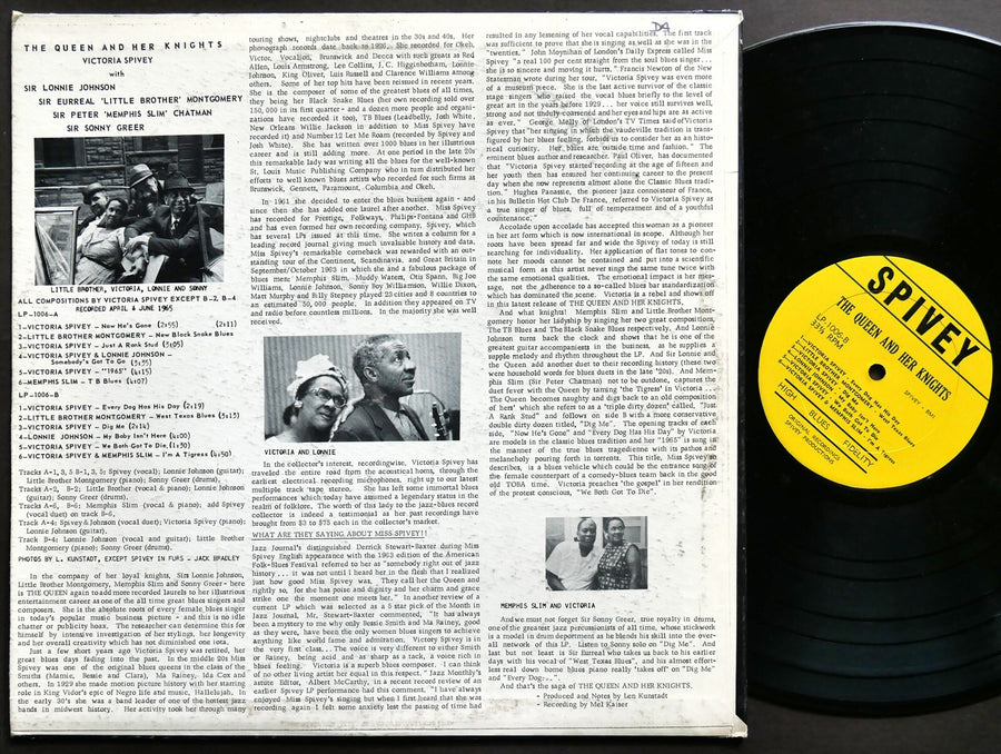 VICTORIA SPIVEY LONNIE JOHNSON The Queen And Her Knights LP SPIVEY LP-1006 Blues