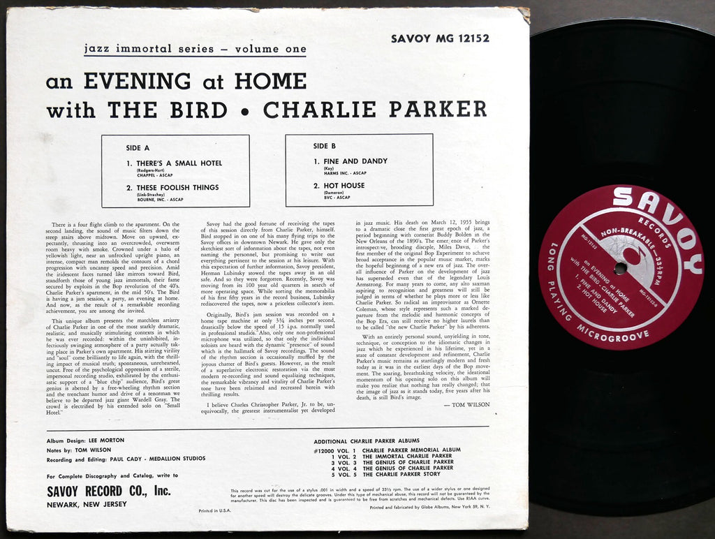 CHARLIE PARKER An Evening At Home With The Bird LP SAVOY RECORDS MG-12152 MONO