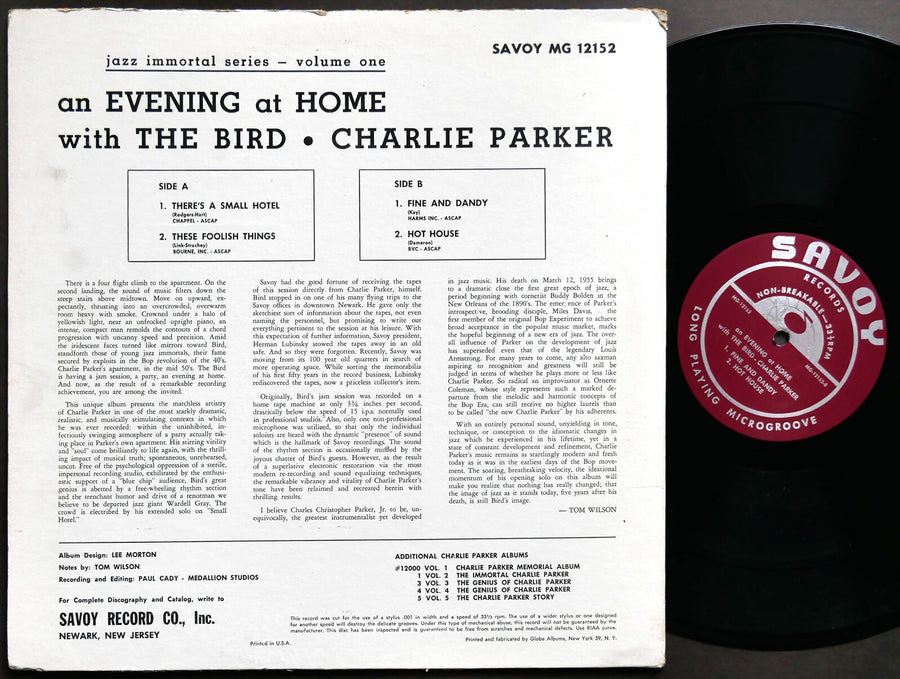 CHARLIE PARKER An Evening At Home With The Bird LP SAVOY RECORDS MG-12152 MONO