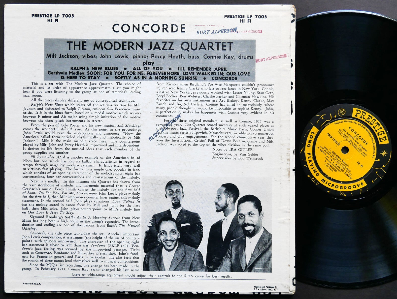 THE MODERN JAZZ QUARTET Concorde LP PRESTIGE PRLP 7005 NJ RVG DG MONO VG+