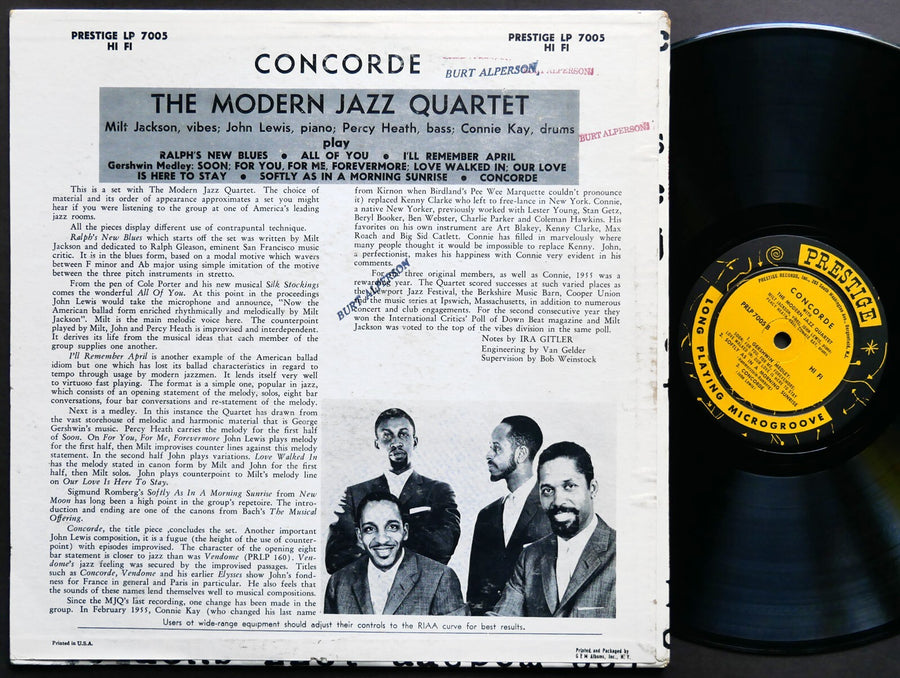 THE MODERN JAZZ QUARTET Concorde LP PRESTIGE PRLP 7005 NJ RVG DG MONO VG+