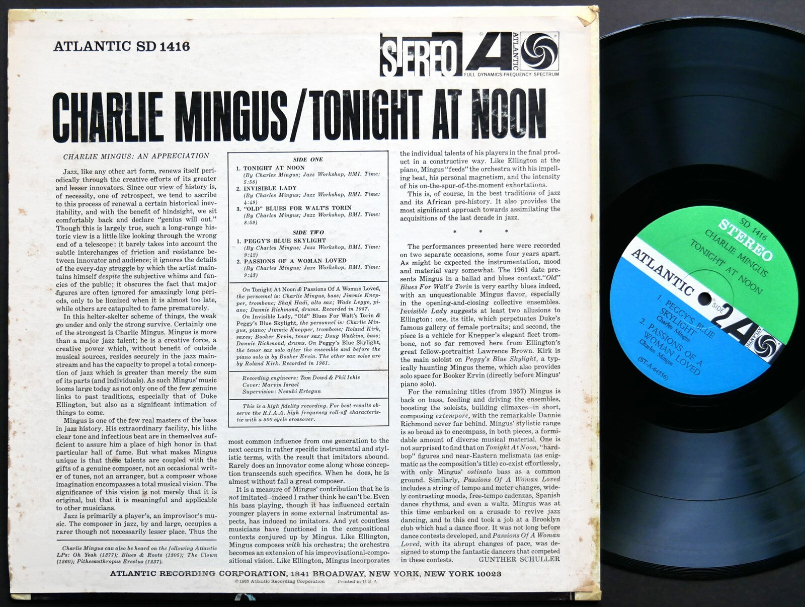 CHARLIE MINGUS Tonight At Noon LP ATLANTIC SD 1416 US 1965 JAZZ Dannie Richmond