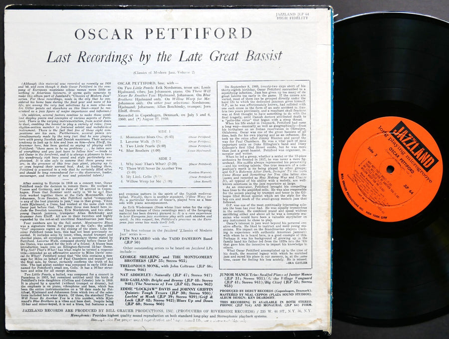 OSCAR PETTIFORD Last Recordings By The Late Great Bassist LP JAZZLAND JLP64 MONO
