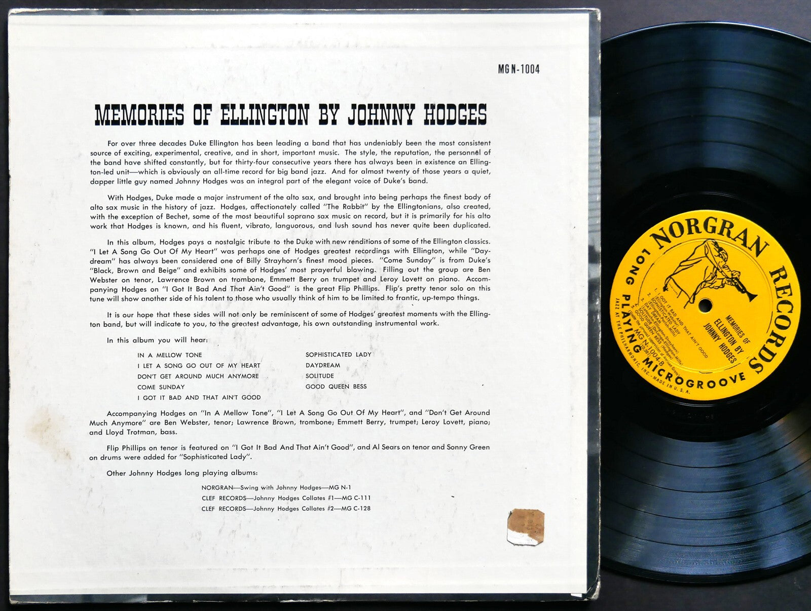 JOHNNY HODGES Memories Of Ellington LP NORGRAN MG N-1004 US 1954 JAZZ DG MONO