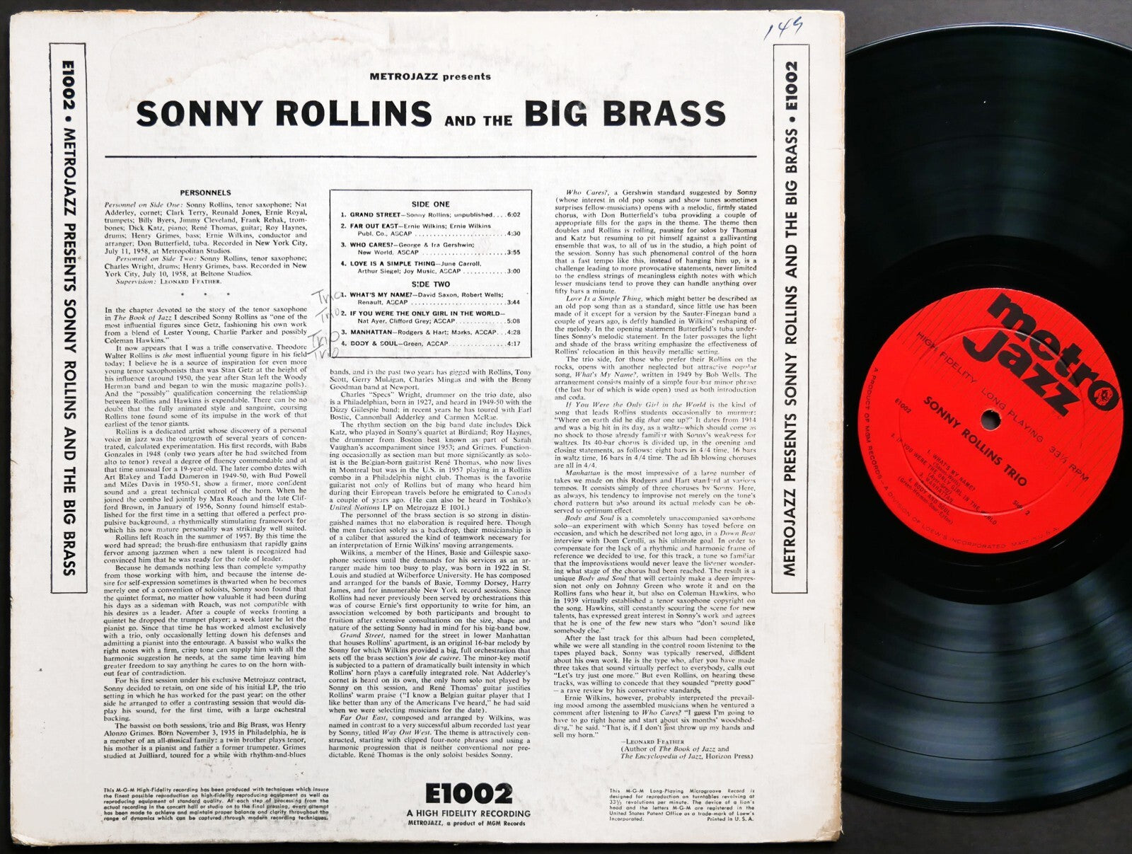 SONNY ROLLINS And The Big Brass METROJAZZ E 1002 LP US 1958 DG MONO Henry Grimes