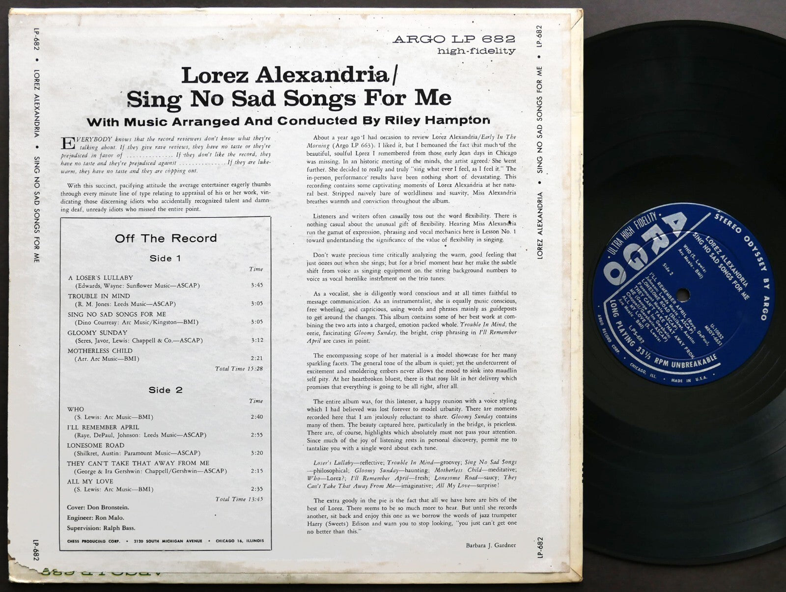 LOREZ ALEXANDRIA Sing No Sad Songs For Me LP ARGO LPS 682 US 1961 DG ST JAZZ VG+