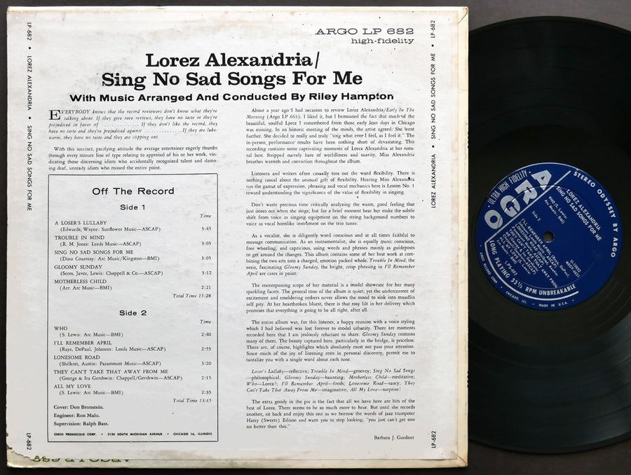 LOREZ ALEXANDRIA Sing No Sad Songs For Me LP ARGO LPS 682 US 1961 DG ST JAZZ VG+