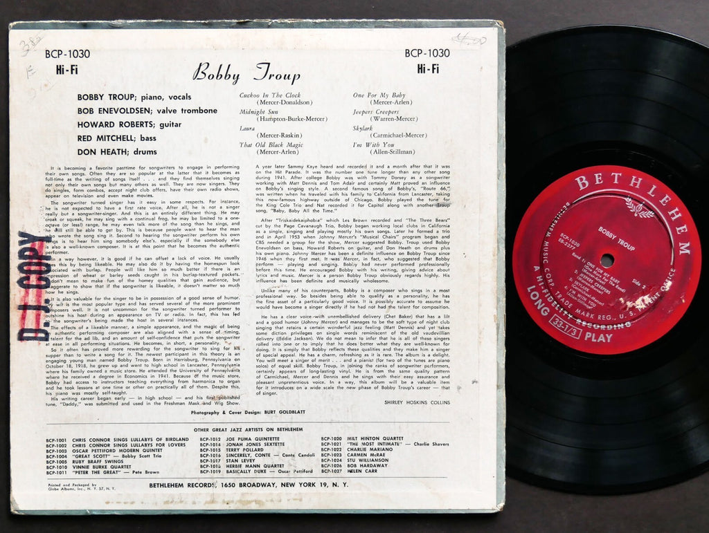 BOBBY TROUP The Songs Of Bobby Troup 10" LP BETHLEHEM BCP 1030 US 1955 DG MONO