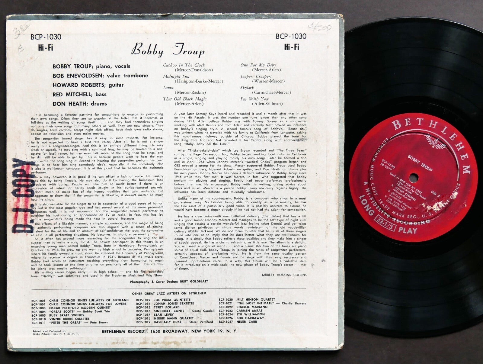 BOBBY TROUP The Songs Of Bobby Troup 10" LP BETHLEHEM BCP 1030 US 1955 DG MONO