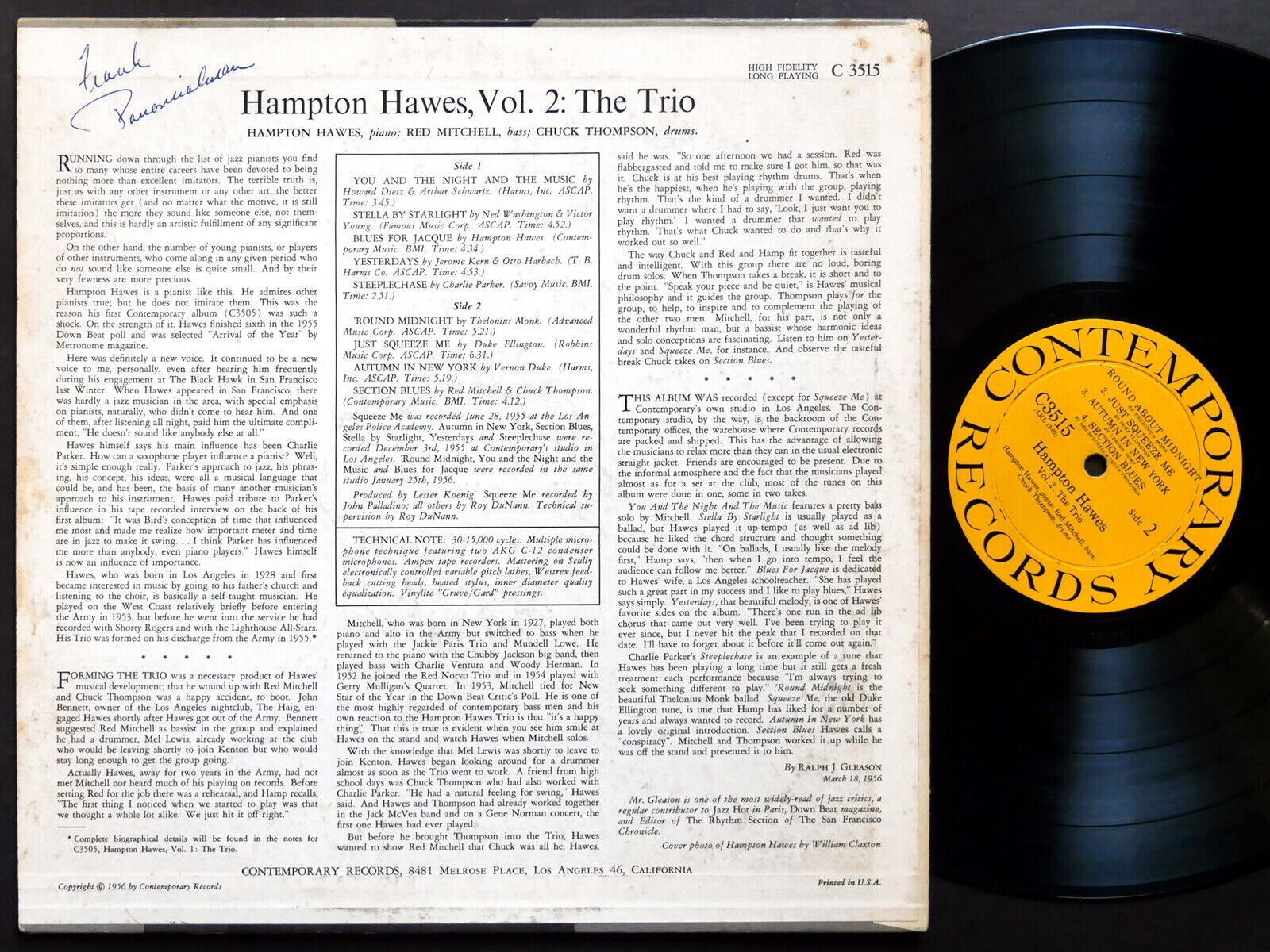 HAMPTON HAWES This Is Vol. 2 The Trio LP CONTEMPORARY C 3515 US 1956 DG MONO