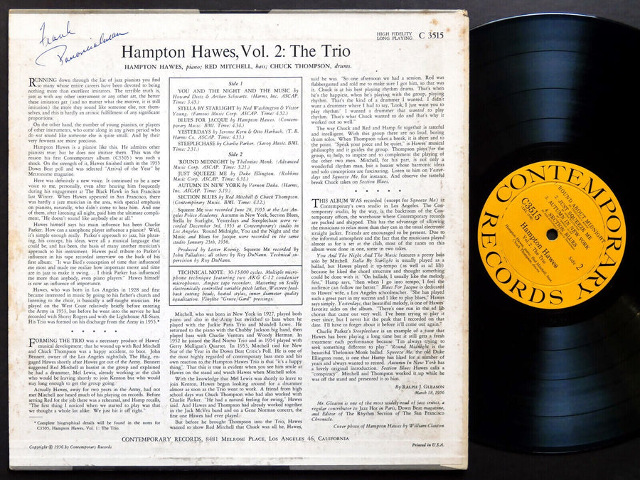 HAMPTON HAWES This Is Vol. 2 The Trio LP CONTEMPORARY C 3515 US 1956 DG MONO
