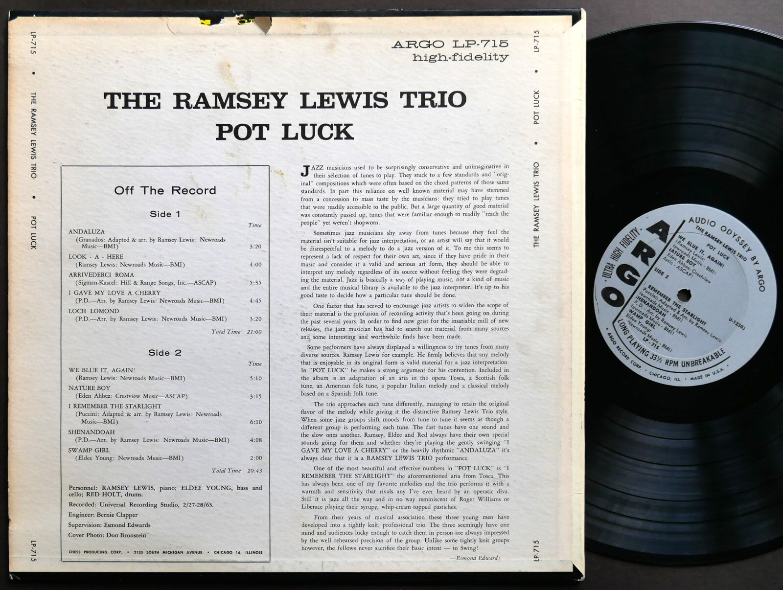 RAMSEY LEWIS TRIO Pot Luck LP ARGO LP-715 US 1963 MONO JAZZ Red Holt Eldee Young
