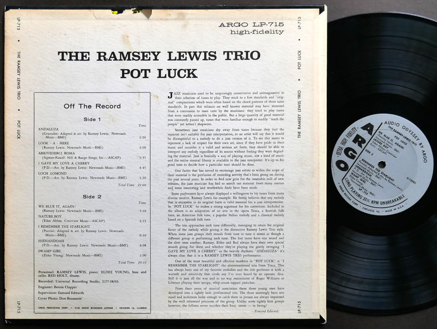 RAMSEY LEWIS TRIO Pot Luck LP ARGO LP-715 US 1963 MONO JAZZ Red Holt Eldee Young