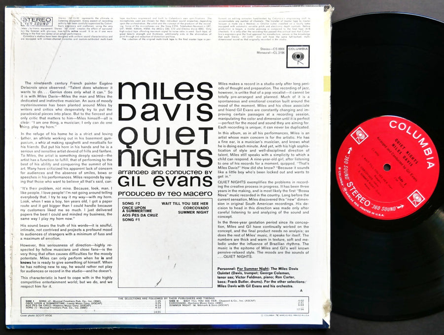 MILES DAVIS Quiet Nights LP COLUMBIA CS 8906 US 1964 2-EYE ST George Coleman