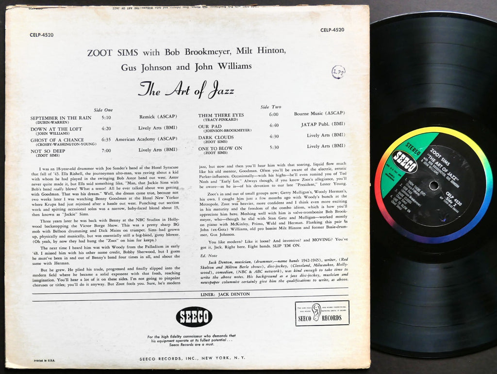 ZOOT SIMS The Art Of Jazz LP SEECO CELP-4520 US 1960 Milt Hinton Bob Brookmeyer