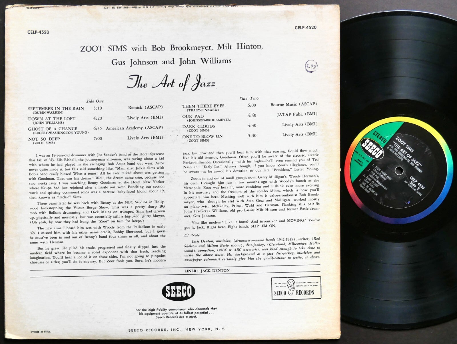 ZOOT SIMS The Art Of Jazz LP SEECO CELP-4520 US 1960 Milt Hinton Bob Brookmeyer