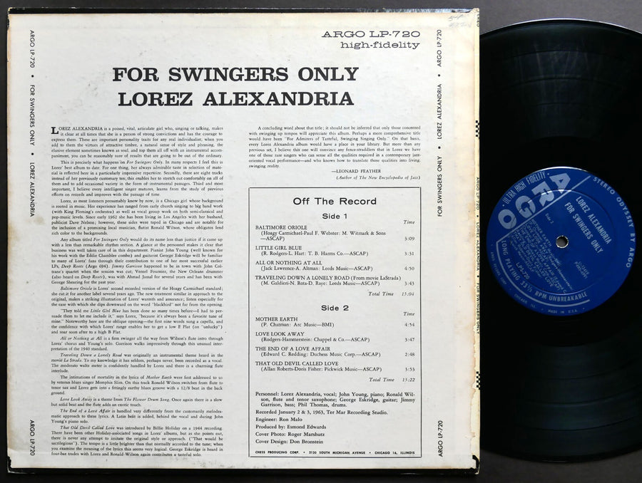 LOREZ ALEXANDRIA For Swingers Only LP ARGO LPS-720 US 1963 DG JAZZ John Young