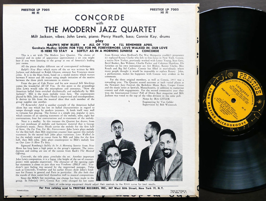 THE MODERN JAZZ QUARTET Concorde LP PRESTIGE PRLP 7005 NJ RVG DG MONO