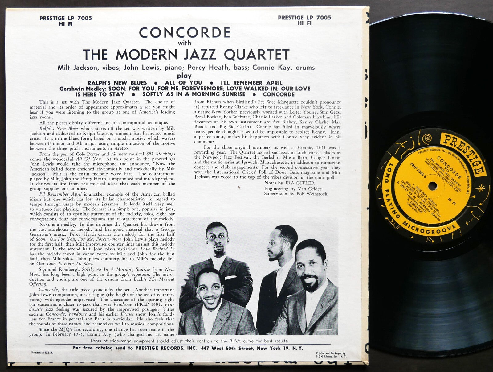 THE MODERN JAZZ QUARTET Concorde LP PRESTIGE PRLP 7005 NJ RVG DG MONO