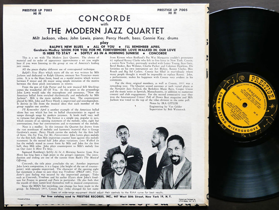 THE MODERN JAZZ QUARTET Concorde LP PRESTIGE PRLP 7005 NJ RVG DG MONO