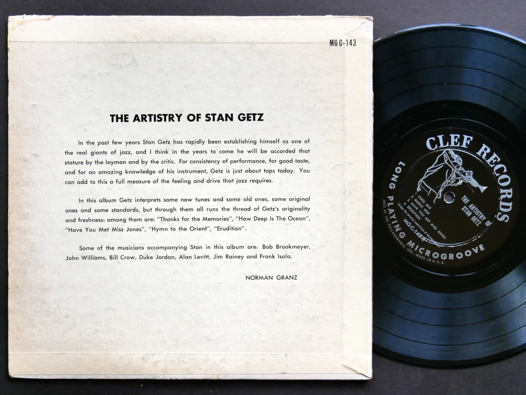 STAN GETZ The Artistry Of 10" LP CLEF RECORDS MGC-143 US '53 DG MONO Duke Jordan