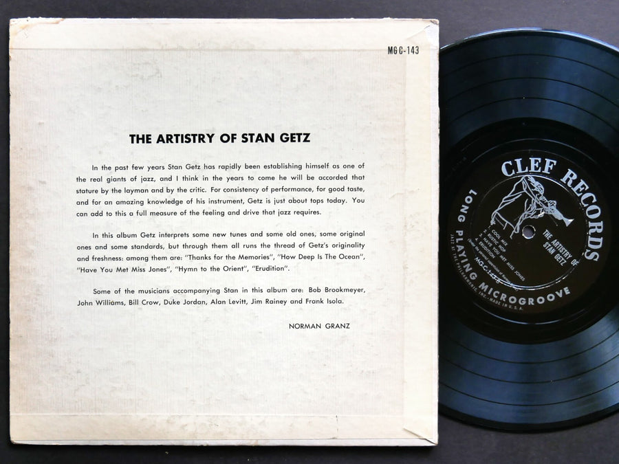 STAN GETZ The Artistry Of 10" LP CLEF RECORDS MGC-143 US '53 DG MONO Duke Jordan