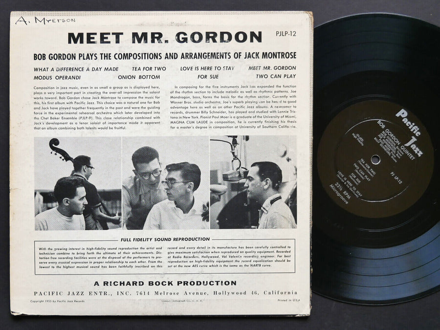 BOB GORDON Quintet Meet Mr. Gordon 10" LP PACIFIC JAZZ PJ LP-12 US 1954 DG MONO