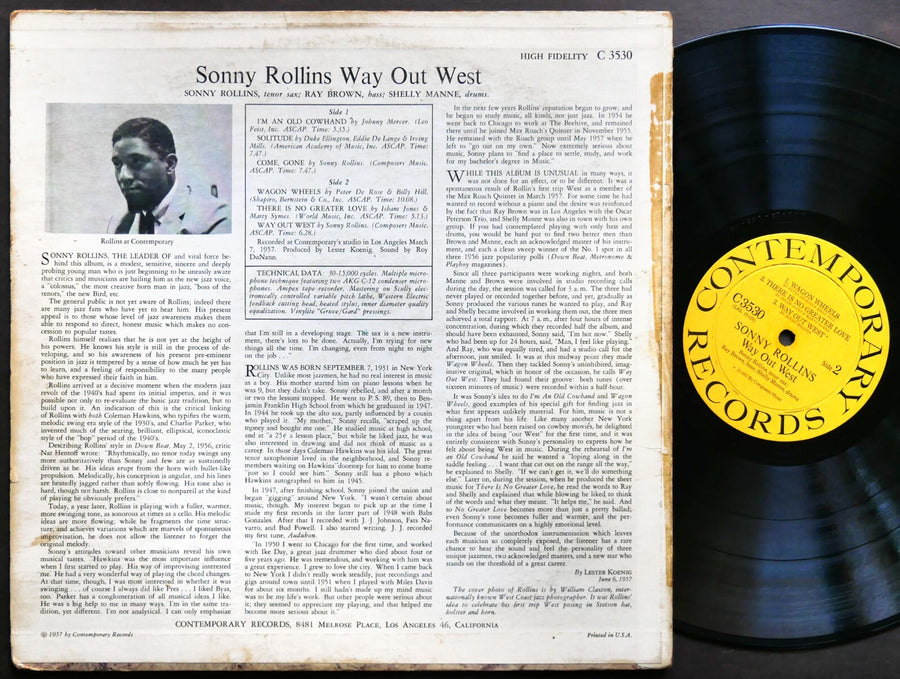 SONNY ROLLINS Way Out West LP CONTEMPORARY RECORDS C 3530 US 1957 DG MONO
