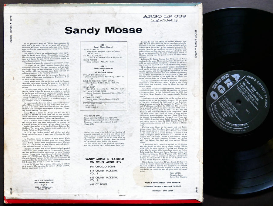 SANDY MOSSE Relaxin' With LP ARGO LP 639 US 1959 JAZZ DG MONO Junior Mance