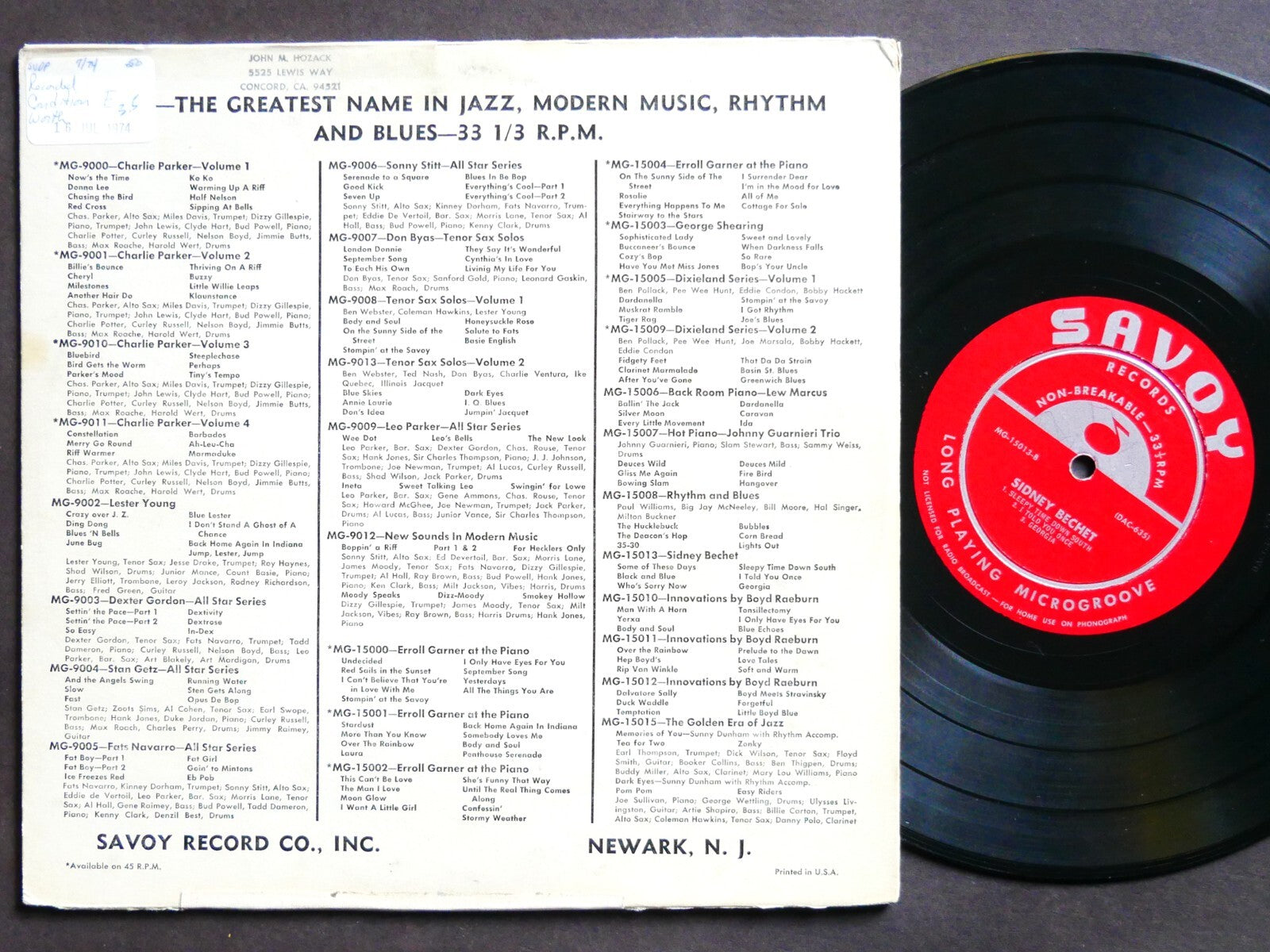 SIDNEY BECHET Self Titled 10" LP SAVOY MG-15013 US 1952 DG MONO Burt Goldblatt
