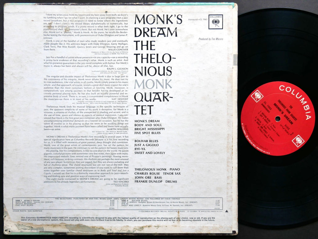 THELONIOUS MONK Monk's Dream LP COLUMBIA CL 1965 US 1963 MONO JAZZ Charles Rouse