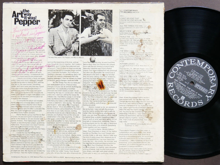 ART PEPPER ...The Way It Was! LP CONTEMPORARY LAX 3131 JAPAN 1977 AUTOGRAPHED