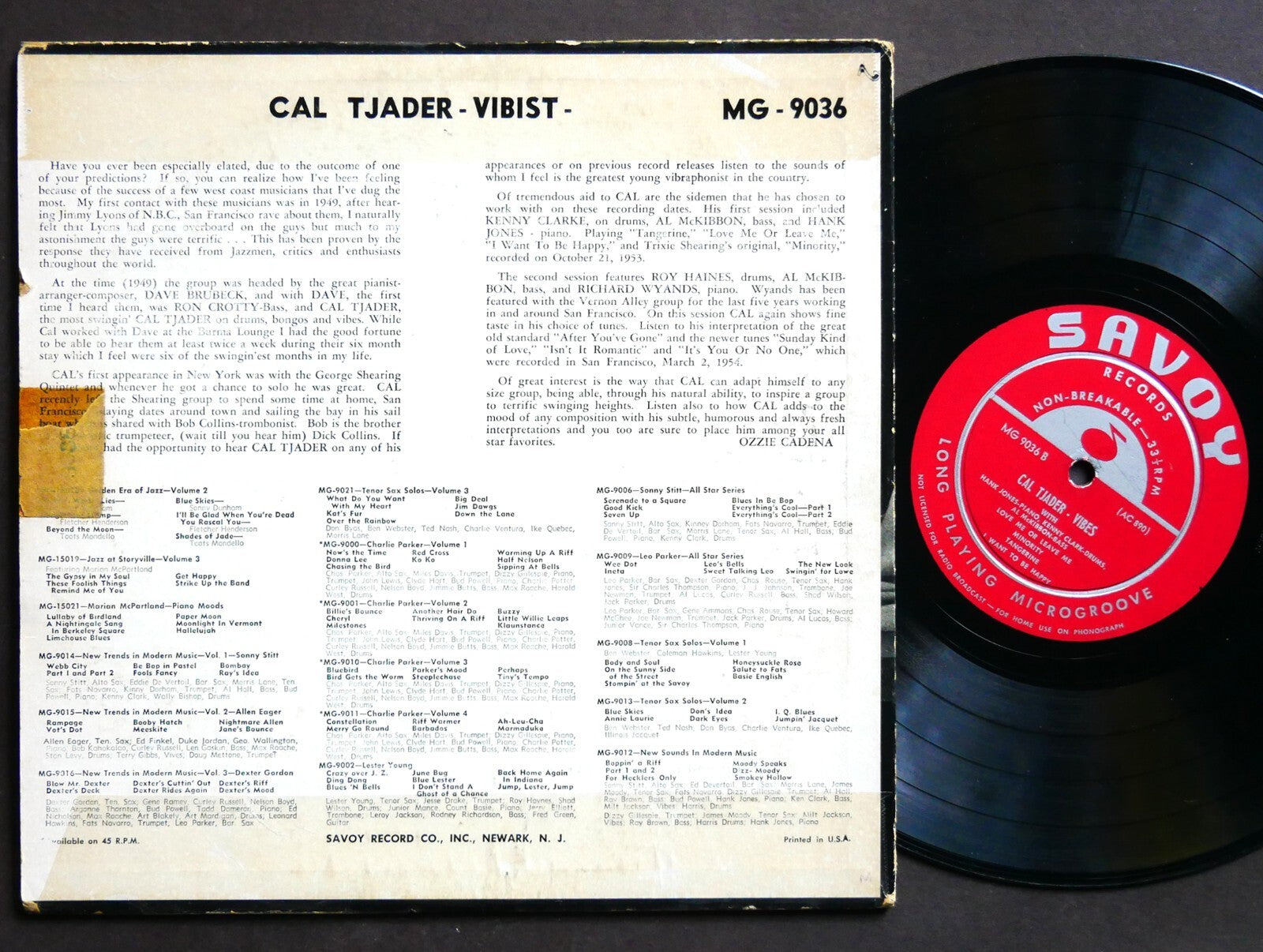 CAL TJADER Vibist 10" LP SAVOY MG 9036 US 1954 DG MONO Kenny Clarke Roy Haynes