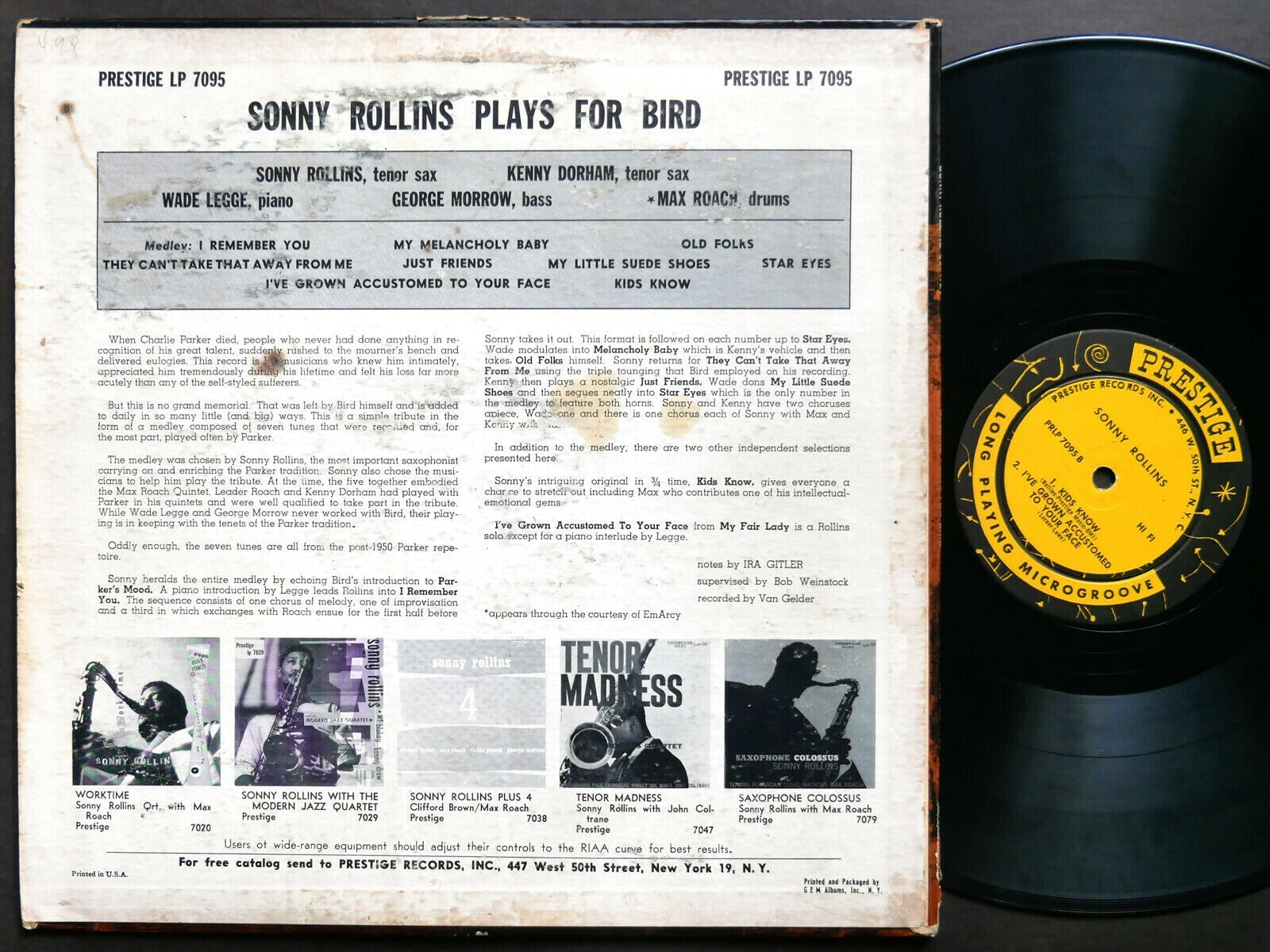 SONNY ROLLINS KENNY DORHAM MAX ROACH Plays For Bird LP PRESTIGE 7095 RVG DG MONO