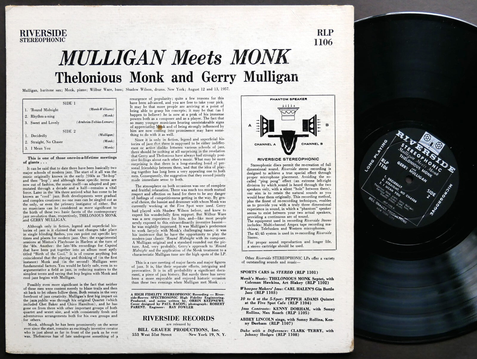 THELONIOUS MONK Meets GERRY MULLIGAN LP RIVERSIDE RECORDS RLP 1106 US 1959 DG ST