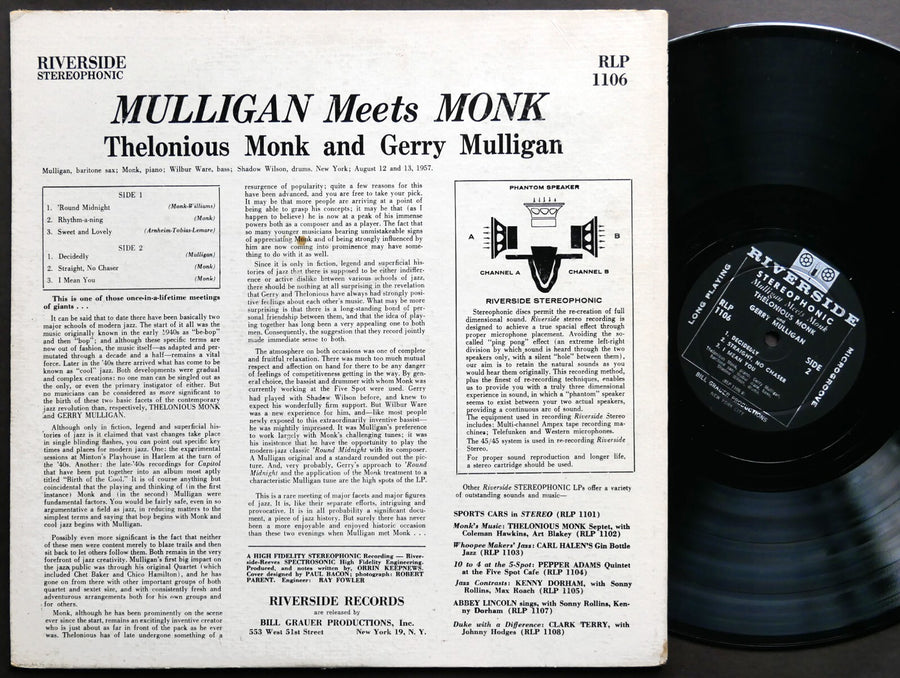THELONIOUS MONK Meets GERRY MULLIGAN LP RIVERSIDE RECORDS RLP 1106 US 1959 DG ST