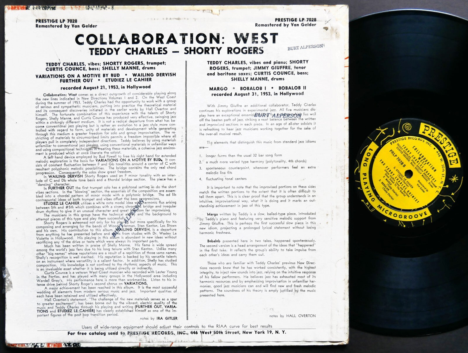TEDDY CHARLES SHELLEY MANNE Collaboration West LP PRESTIGE PRLP 7028 US '56 MONO