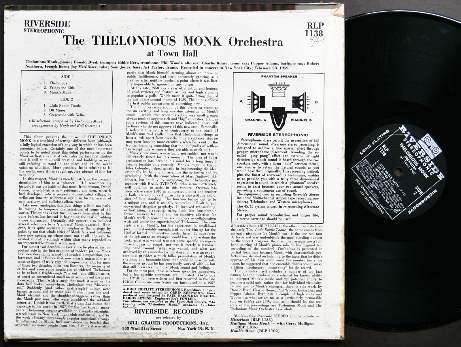THELONIOUS MONK At Town Hall LP RIVERSIDE RLP 1138 DG Donald Byrd Charlie Rouse