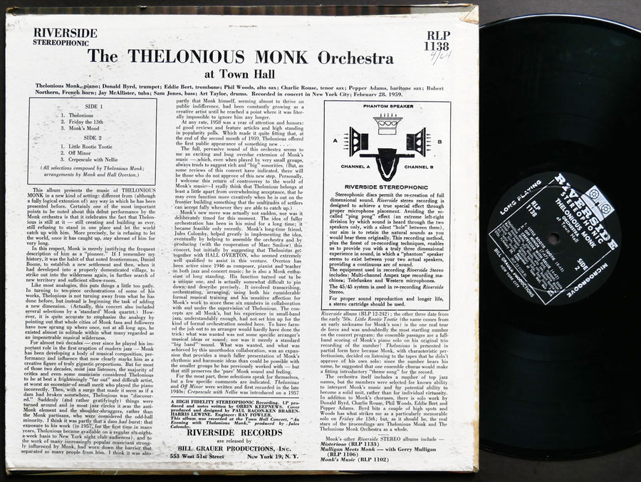 THELONIOUS MONK At Town Hall LP RIVERSIDE RLP 1138 DG Donald Byrd Charlie Rouse