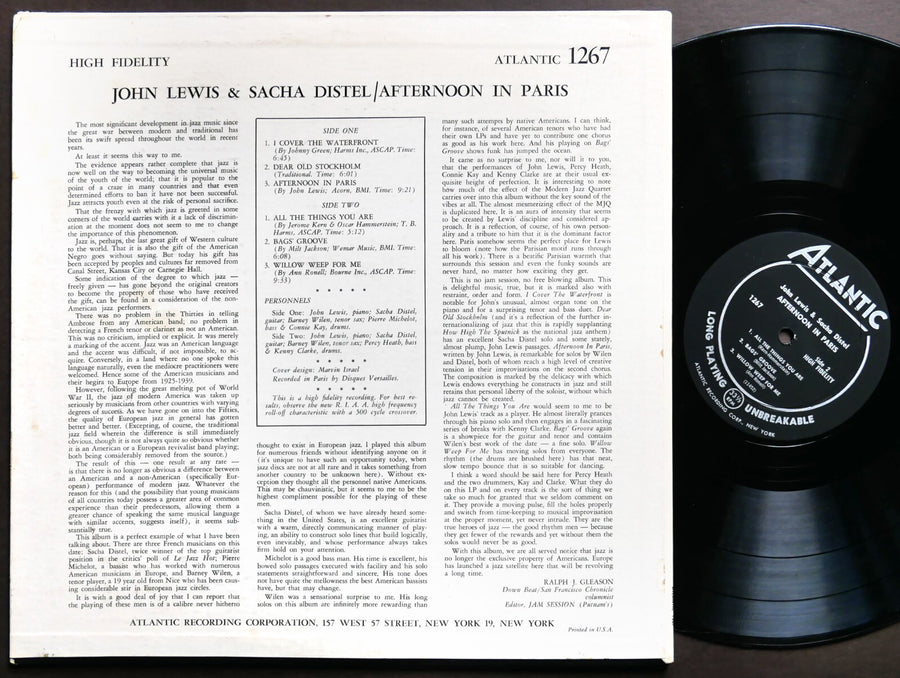 JOHN LEWIS & SACHA DISTEL Afternoon In Paris LP ATLANTIC 1267 US '57 DG MONO VG+