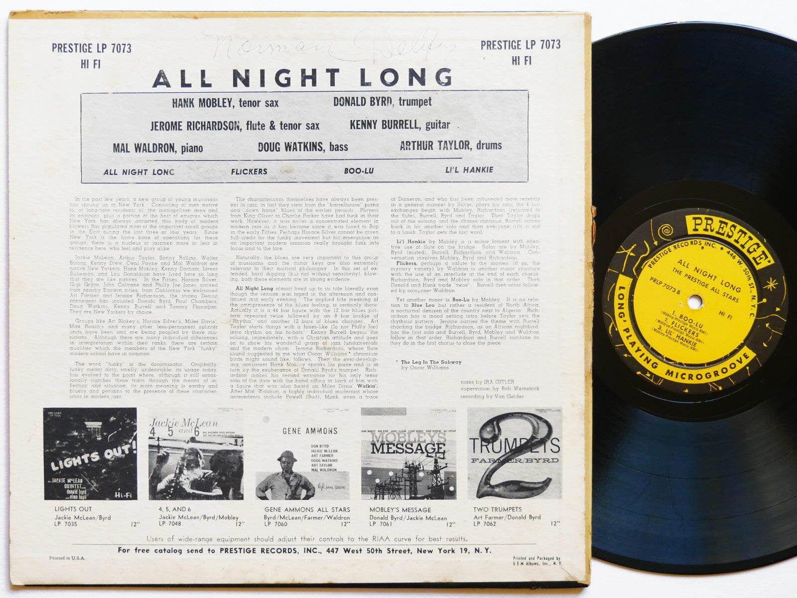HANK MOBLEY DONALD BYRD PRESTIGE ALL STARS All Night Long 7073 US 1958 RVG MONO