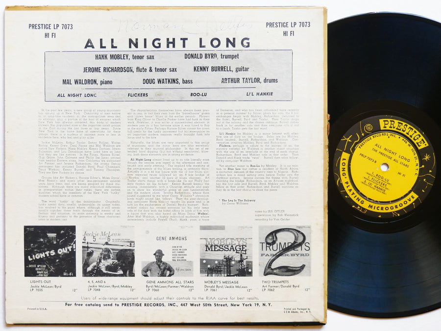 HANK MOBLEY DONALD BYRD PRESTIGE ALL STARS All Night Long 7073 US 1958 RVG MONO