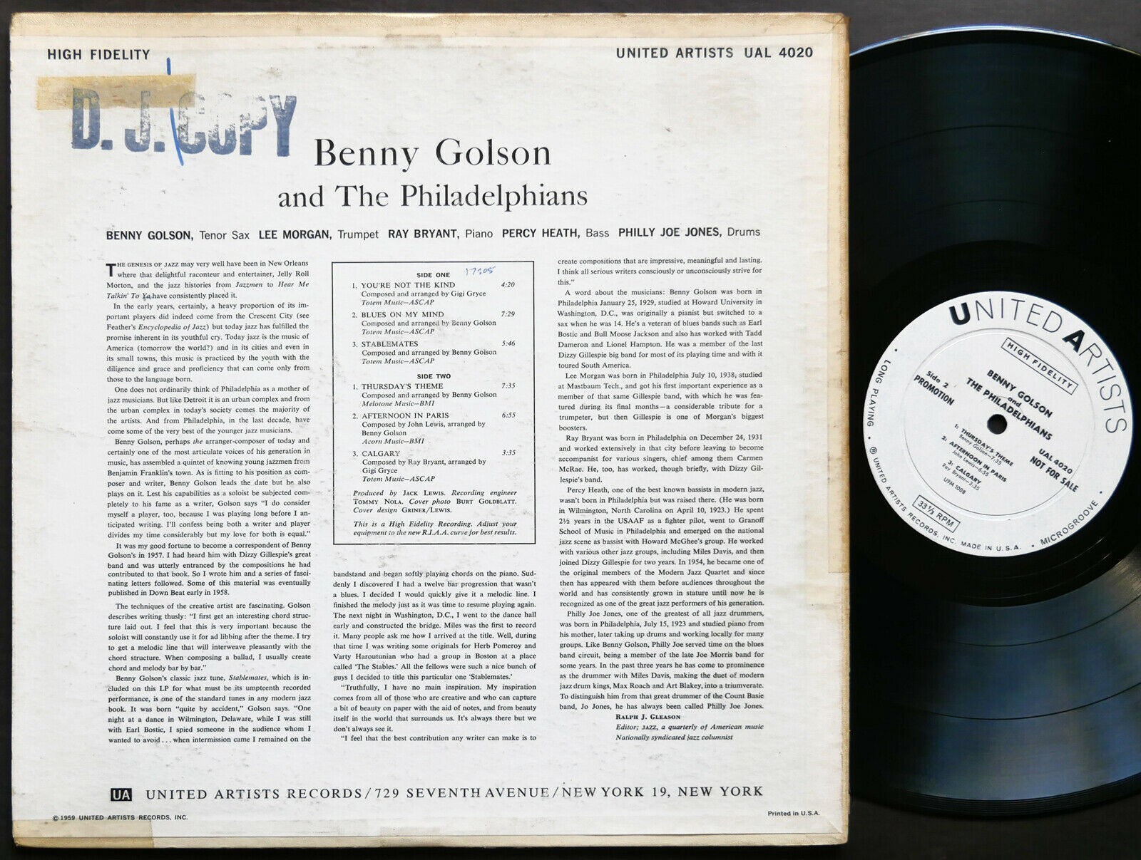 SIGNED by BENNY GOLSON & The Philadelphians UNITED ARTISTS UAL 4020 DG MONO