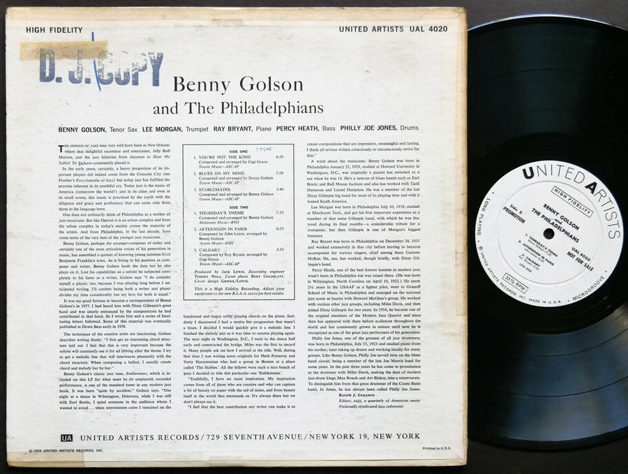 SIGNED by BENNY GOLSON & The Philadelphians UNITED ARTISTS UAL 4020 DG MONO